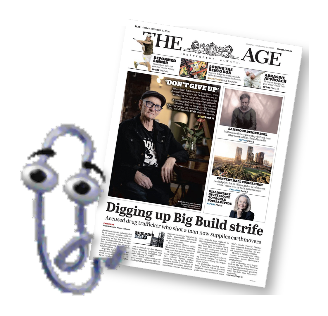 Clippy, the paperclip from Microsoft Office, holding up the front page of The Age for Friday 9 October 2026.